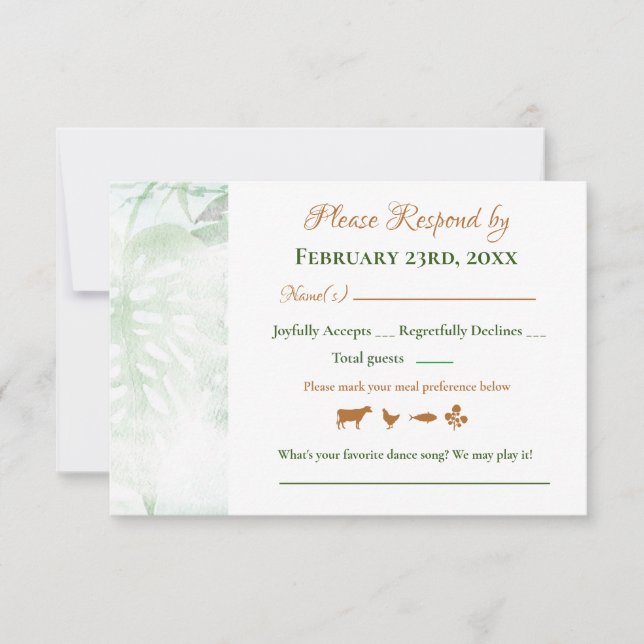 Geometric Gold Green Monstera Leaves Wedding RSVP  (Front)