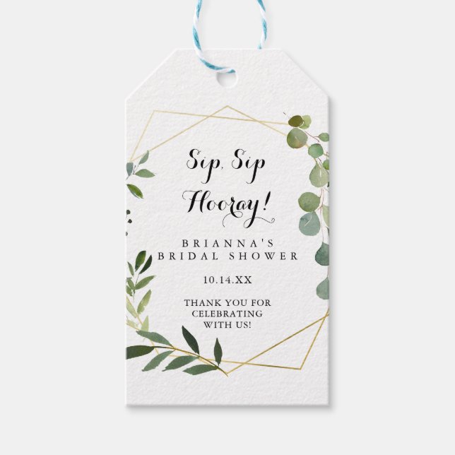 Geometric Gold Green Sip Sip Hooray Bridal Shower Gift Tags (Front)