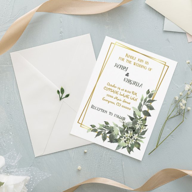 Geometric Gold-Green Tropical Wedding Invitation (Creator Uploaded)