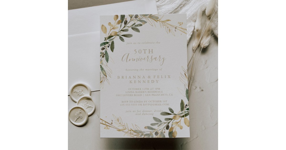 Geometric Gold Greenery 50th Wedding Anniversary Invitation | Zazzle