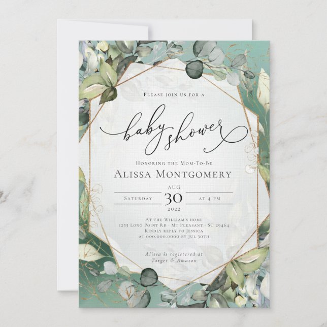 Geometric Gold Greenery Baby Shower Invitation (Front)