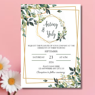 Geometric Gold Greenery Botanical Wedding Invitation