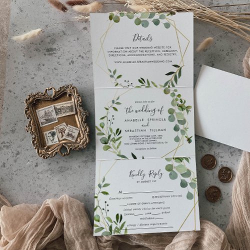 Geometric Gold Greenery Eucalyptus Wedding Tri_Fold Invitation