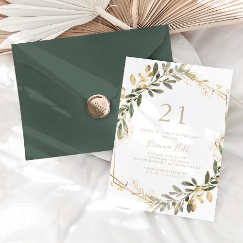 Geometric Gold Greenery Fall 21st Birthday Party   Invitation