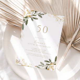 Geometric Gold Greenery Fall 50th Birthday Party Invitation