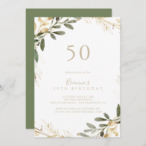 Geometric Gold Greenery Fall 50th Birthday Party   Invitation