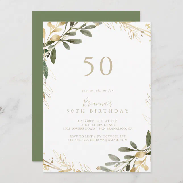 Geometric Gold Greenery Fall 50th Birthday Party Invitation | Zazzle