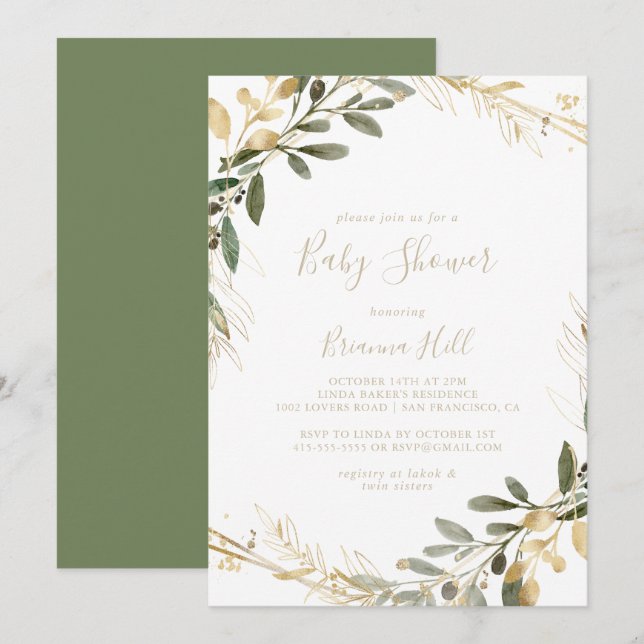 Geometric Gold Greenery Fall Baby Shower  Invitation (Front/Back)