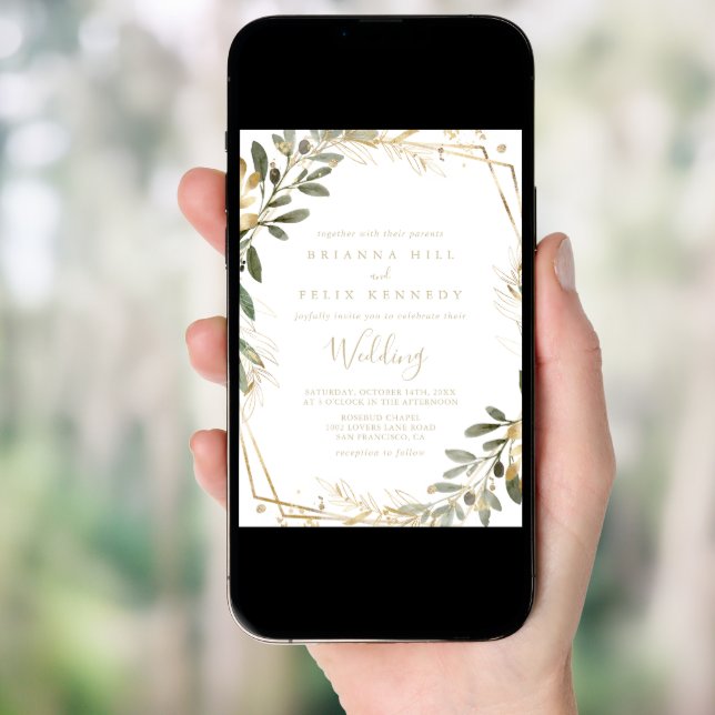 Geometric Gold Greenery Fall Front & Back Wedding Invitation (Front Digital)
