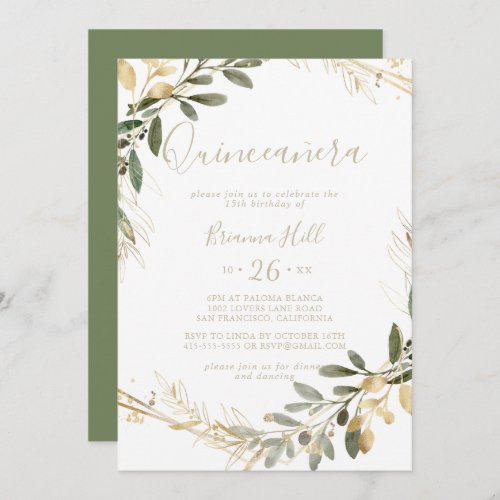 Geometric Gold Greenery Fall Quinceaera  Invitation