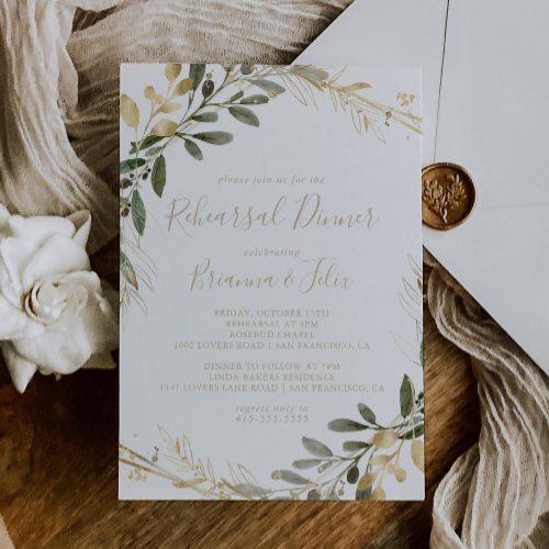 Geometric Gold Greenery Fall Rehearsal Dinner  Invitation