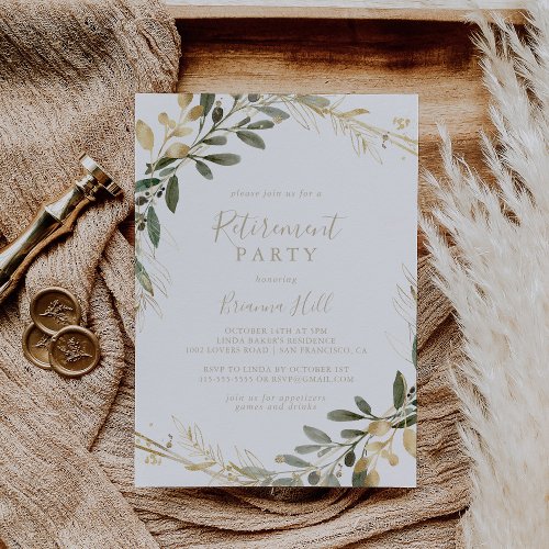 Geometric Gold Greenery Fall Retirement Party   Invitation