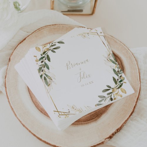 Geometric Gold Greenery Fall Wedding Napkin