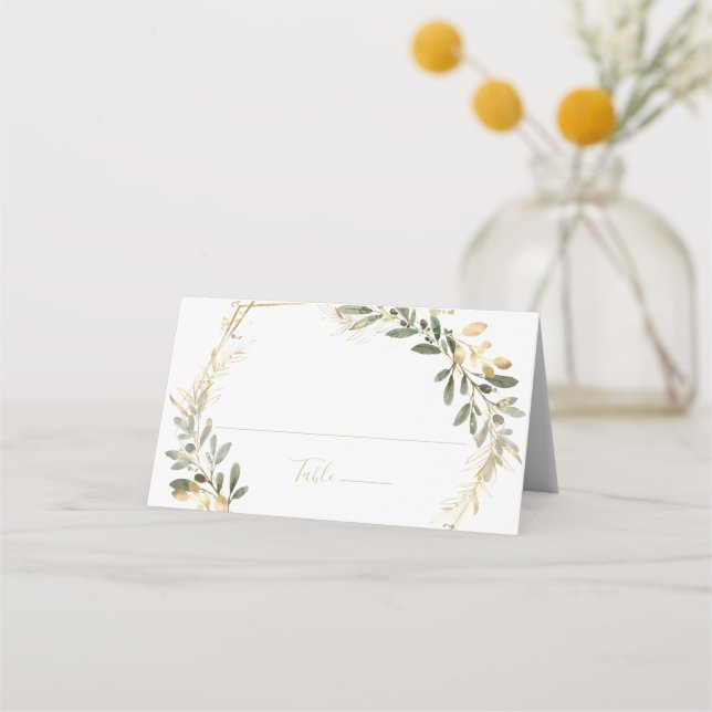 Geometric Gold Greenery Fall Wedding Place Card (Front)
