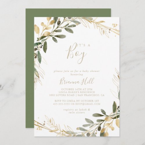 Geometric Gold Greenery Its A Boy Baby Shower   Invitation