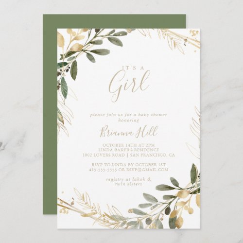 Geometric Gold Greenery Its A Girl Baby Shower   Invitation