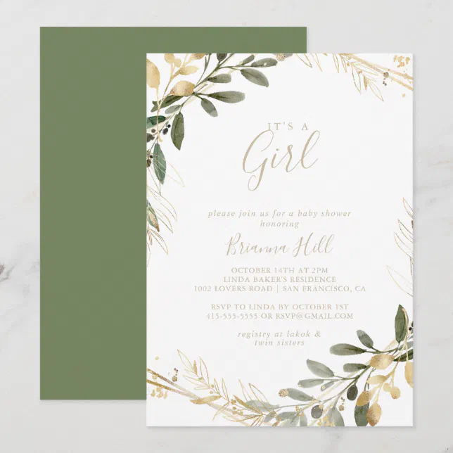 Geometric Gold Greenery It's A Girl Baby Shower Invitation | Zazzle