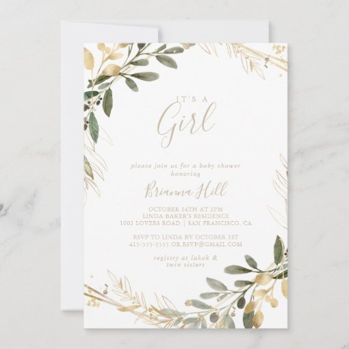 Geometric Gold Greenery It's A Girl Baby Shower Invitation | Zazzle