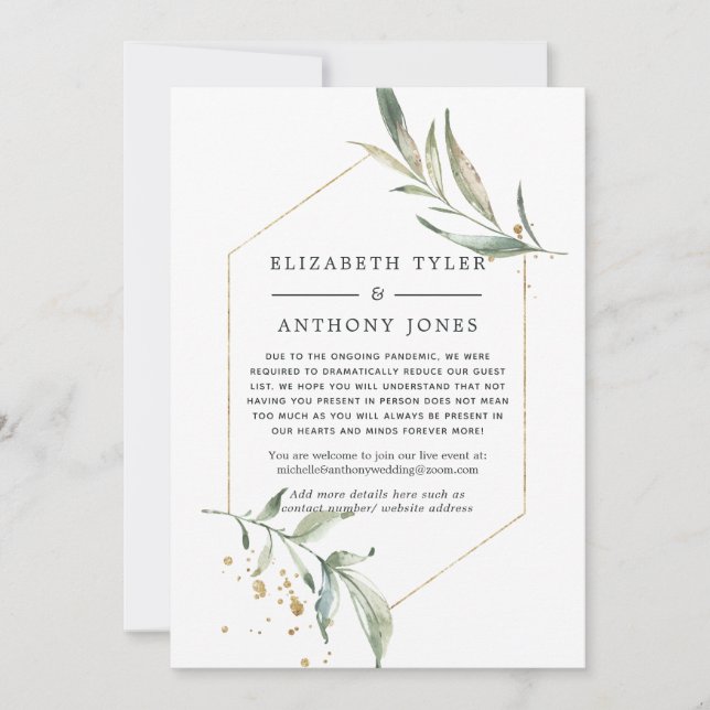 Geometric Gold Greenery Wedding Reduced Guest List Announcement (Front)