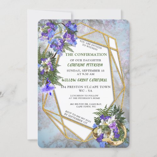 Geometric Gold  Jacaranda Flowers Confirmation Invitation