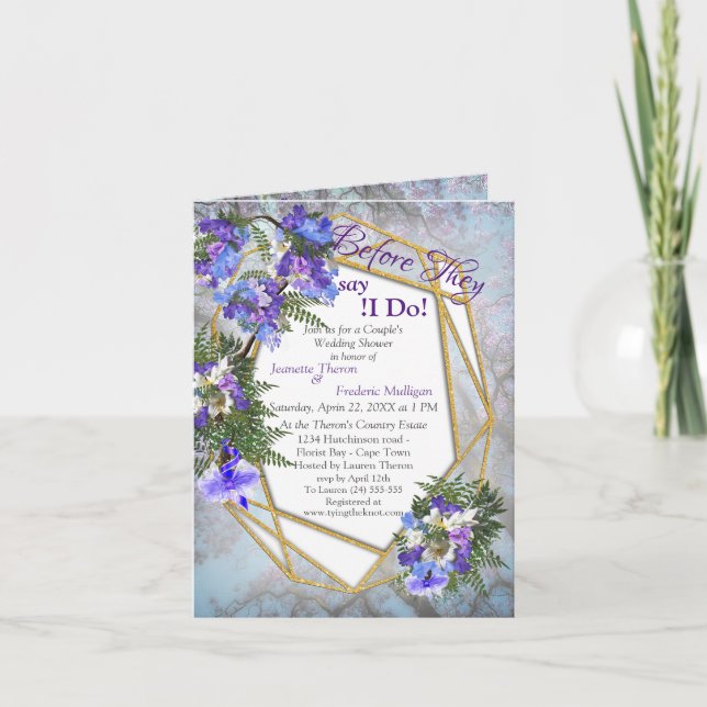 Geometric Gold & Jacaranda Flowers Couple Shower Invitation (Front)