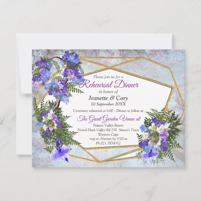 Geometric Gold & Jacaranda Flowers Theme Invitation (Front)