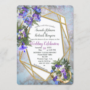 Geometric Gold & Jacaranda Flowers Wedding Invitation