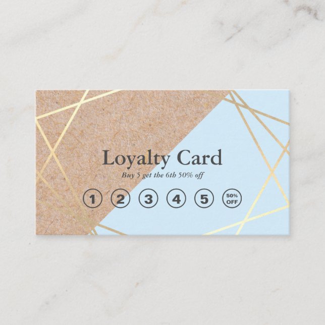 Geometric Gold Kraft Printed Pastel Blue Loyalty Business Card (Front)