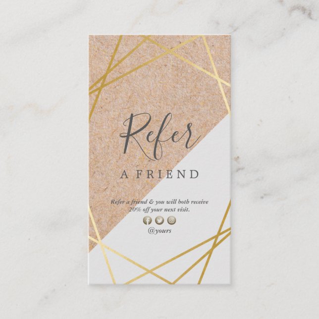 Geometric Gold KraftPrinted Grey Referral Vertical Business Card (Front)