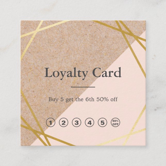Geometric Gold KraftPrinted Lt Pastel Pink Loyalty Square Business Card (Front)