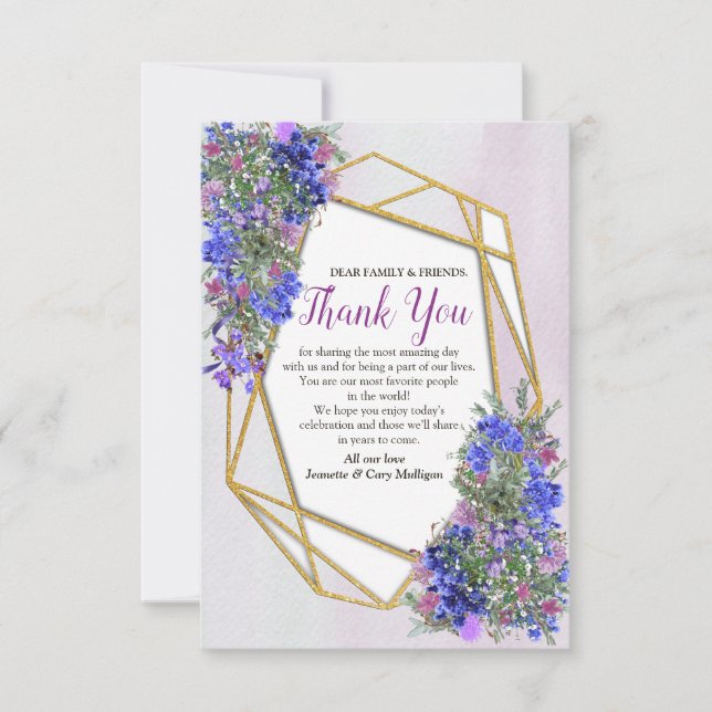 Geometric Gold & Lavender Flower Bouquets RSVP Card (Front)