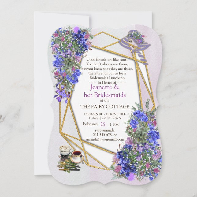 Geometric Gold & Lavender Flowers Bridemaids Party Invitation (Front)