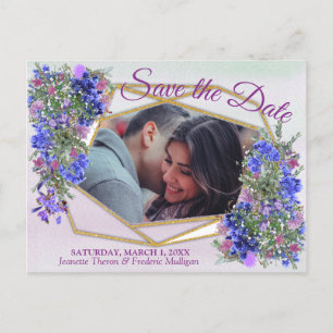Geometric Gold & Lavender Flowers Save the Date Announcement Postcard