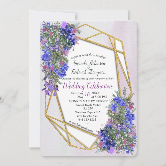 Geometric Gold & Lavender Flowers Wedding Invitation (Front)