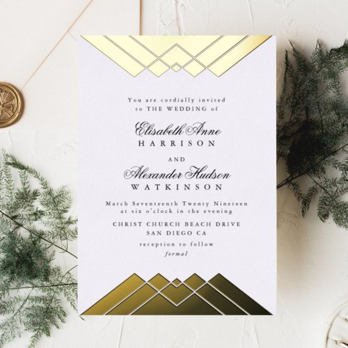 Geometric Gold Leaf Gatsby Calligraphy Wedding Foil Invitation