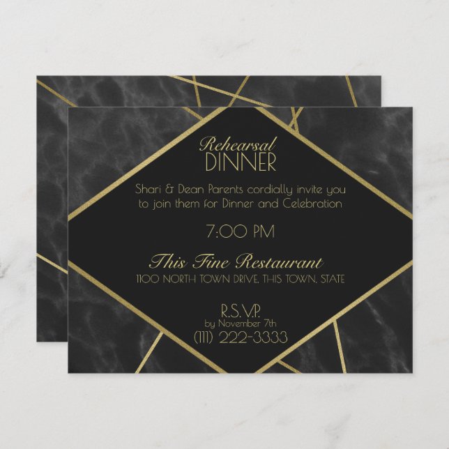 Geometric Gold Lines and Marble Rehearsal Dinner Invitation (Front/Back)