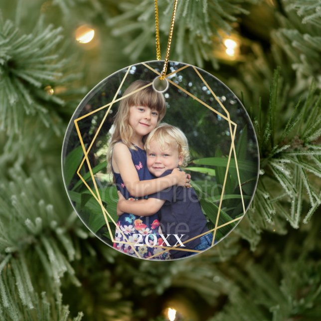 Geometric Gold Lines Modern Marble Holiday Ceramic Ornament (Tree)