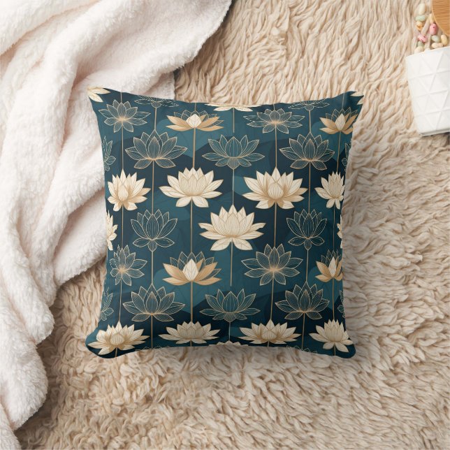 Geometric Gold Lotus on Teal Throw Pillow (Blanket)