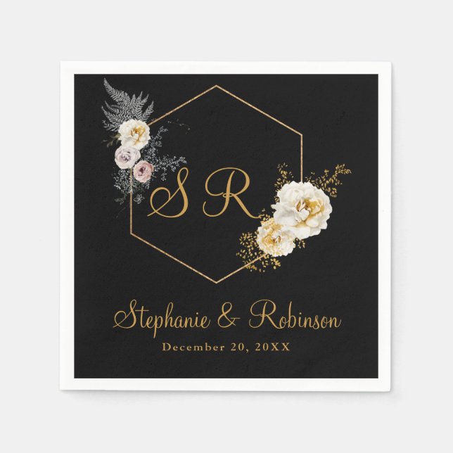 Geometric Gold Monogram On Black Wedding Paper  Napkins (Front)