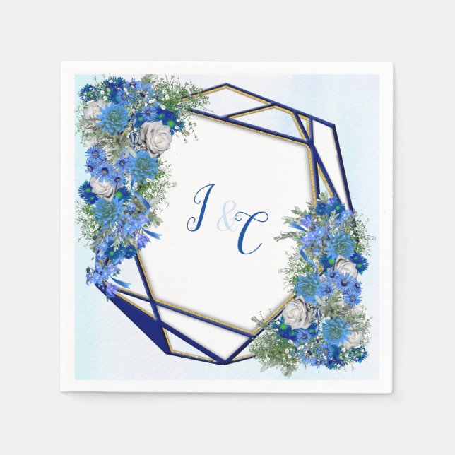 Geometric - Gold-Navy & Blue Flower Bouquets Napkins (Front)