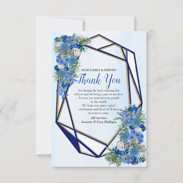Geometric Gold-Navy & Blue Flower Thank You Card (Front)
