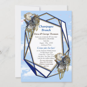 Geometric Gold-Navy Blue Flowers Couple Shower Inv Invitation