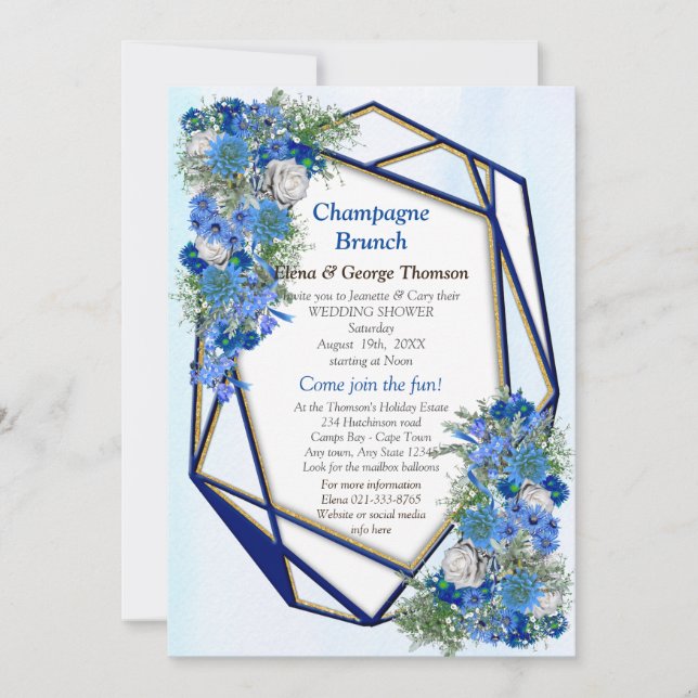 Geometric Gold-Navy Blue Flowers Couple Shower Invitation (Front)