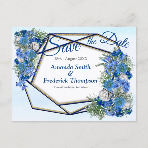 Geometric Gold_Navy  Blue Flowers Save the Dates Announcement Postcard