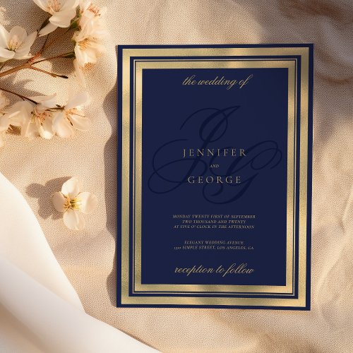 Geometric gold navy blue monogram initals wedding invitation