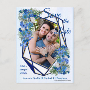 Geometric Gold-Navy frames & Blue Flowers Announcement Postcard