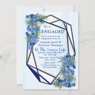 Geometric Gold-Navy frames & Blue Flowers Invitation