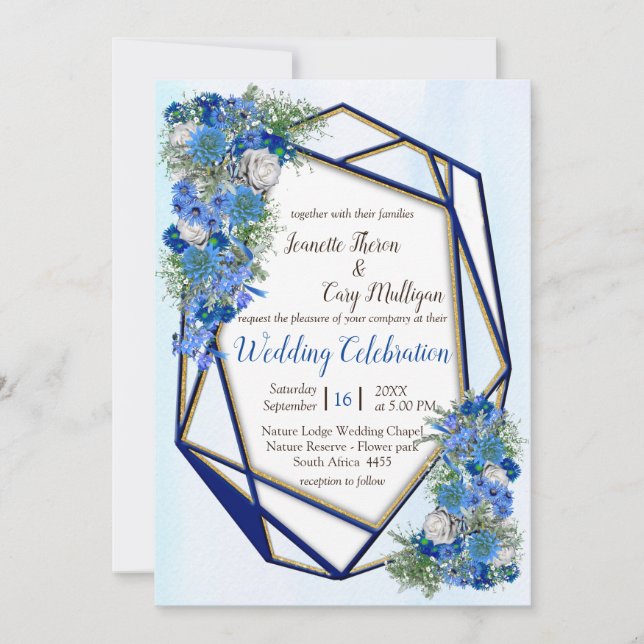 Geometric Gold-Navy Frames & Corn Flowers Invitation (Front)