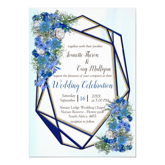 Geometric Gold-Navy Frames & Corn Flowers Invitation