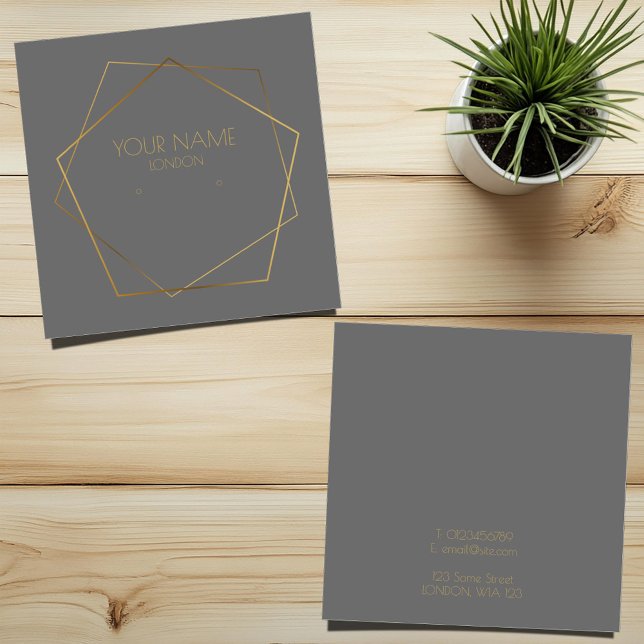 Geometric gold pentagon grey earring holder (Grey and gold stud earring display card with geometric frame)